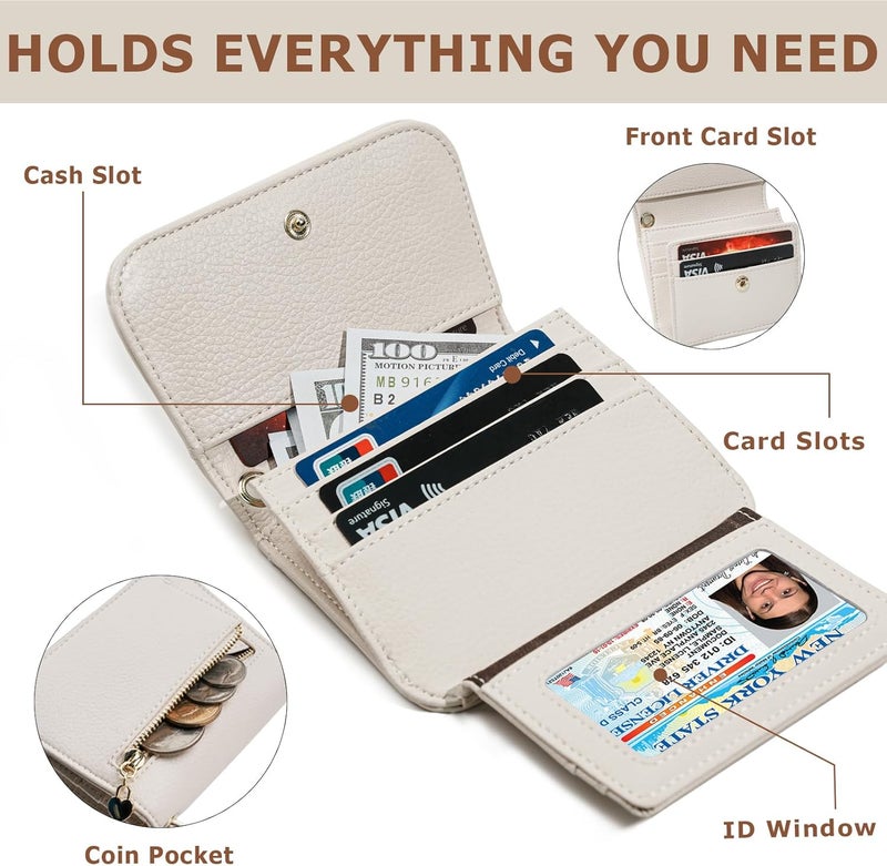 Sunpour Women Small Wallet RFID Blocking Slim Wallet with Coin Pocket Tri-Fold Credit Card Holder with ID Window and Keychain(Beige) - Image 4